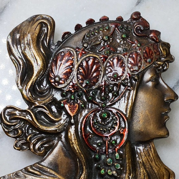 Vintage 1970s Alphonse Mucha Bergamot Brass Works Gypsy Boho Belt Buckle - Picture 2 of 10